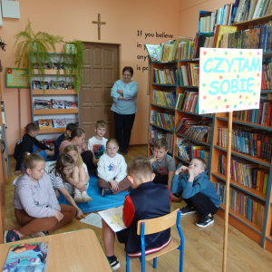 XXIII Ogólnopolski Tydzień Bibliotek- spotkanie uczniów ze Szkoły Podstawowej z Kiełczewa w Filii Bibliotecznej w Prostyni i w bibliotece szkolnej