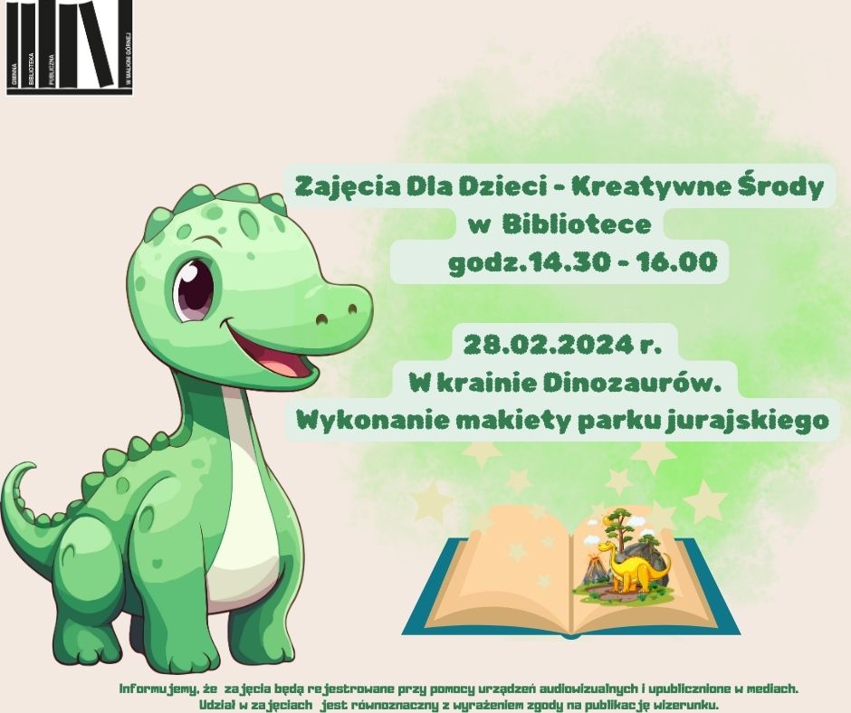 Zajęcia dla dzieci Kreatywna środa w bibliotece godz.14.30-16.00 28 luty 2024 rok w krainie dinozaurów  wykonanie makiety parku jurajskiego